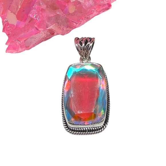 Jewelry - Mystic Opal Necklace Pendant Solid Sterling Silver 925 Iridescent Pink Aurora